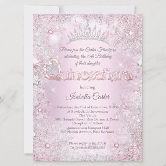 Quinceanera-Party Prinzessin Pink Silber Schneeflo Einladung