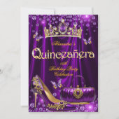 Quinceanera party Purple Tiara High heel gold Einladung (Vorderseite)