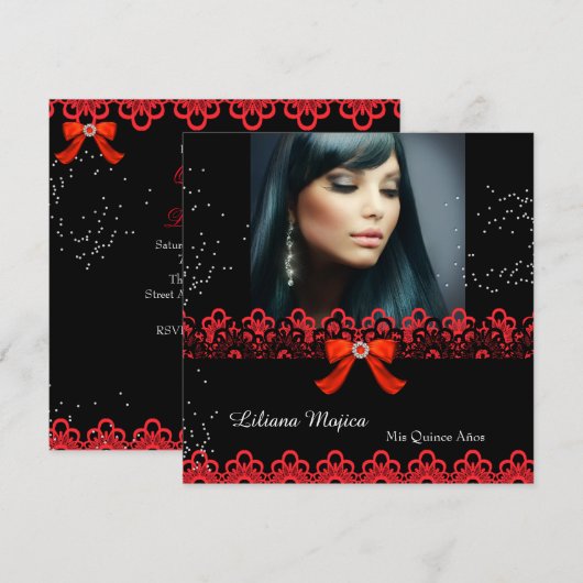 Quinceanera Party Red Lace Jewel Bow 2 Einladung (Vorne/Hinten)