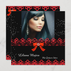 Quinceanera Party Red Lace Jewel Bow 2 Einladung