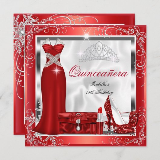 Quinceanera Party Red Silver Dress Heelse S5 Einladung (Vorne/Hinten)