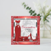 Quinceanera Party Red Silver Dress Heelse S5 Einladung (Stehend Vorderseite)