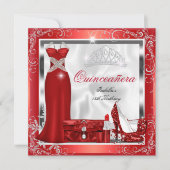 Quinceanera Party Red Silver Dress Heelse S5 Einladung (Vorderseite)