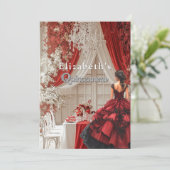 Quinceañera Party Room Red Gown Crystal Chandelier Einladung (Stehend Vorderseite)