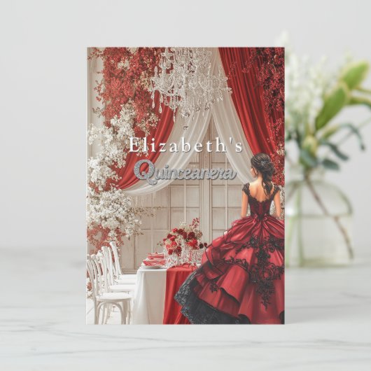Quinceañera Party Room Red Gown Crystal Chandelier Einladung (Stehend Vorderseite)