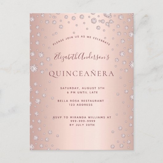 Quinceanera Party Rose Golddiamanten Einladung Postkarte (Vorderseite)