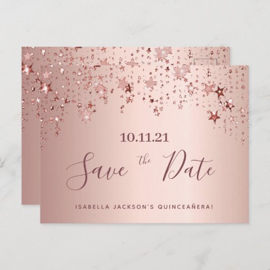 Quinceanera Party Rose Goldsterne Save the Date Postkarte (Vorne/Hinten)