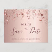 Quinceanera Party Rose Goldsterne Save the Date Postkarte (Vorderseite)