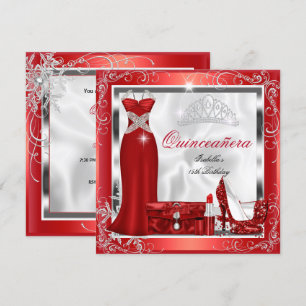 Quinceanera-Party Rot Silber Kleid Absätze S5 Einladung