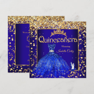 Quinceañera Party Royal Blue Dress High Heel Gold Einladung