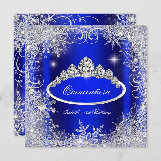 Quinceanera Party Royal Blue Silver Schneeflocken Einladung (Vorne/Hinten)
