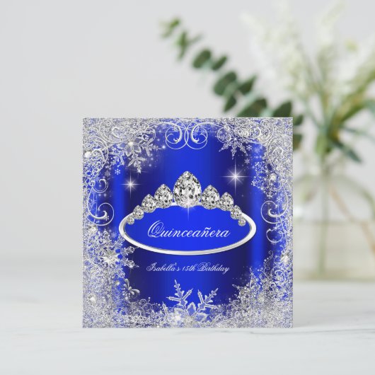 Quinceanera Party Royal Blue Silver Schneeflocken Einladung (Stehend Vorderseite)