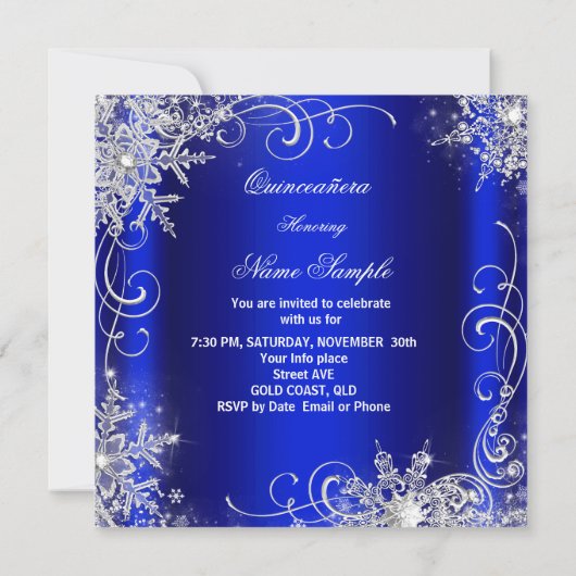 Quinceanera Party Royal Blue Silver Schneeflocken Einladung (Rückseite)
