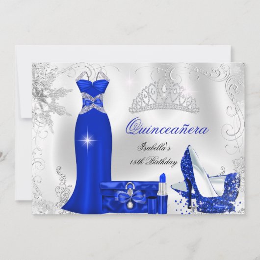 Quinceanera Party Royal Blue Silver Schneeflocken Einladung (Vorderseite)