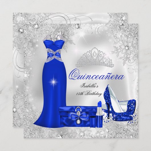 Quinceanera Party Royal Blue Silver Snowflakes Einladung (Vorne/Hinten)