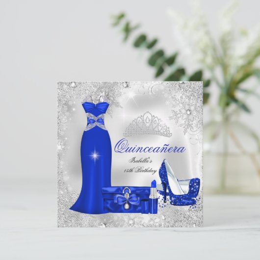 Quinceanera Party Royal Blue Silver Snowflakes Einladung (Stehend Vorderseite)