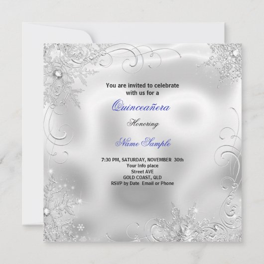 Quinceanera Party Royal Blue Silver Snowflakes Einladung (Rückseite)