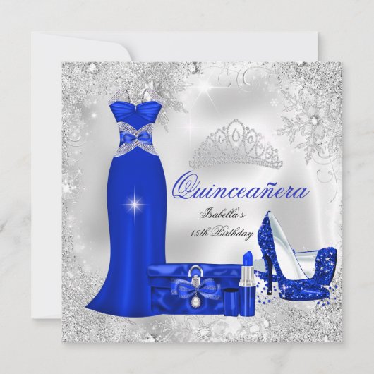 Quinceanera Party Royal Blue Silver Snowflakes Einladung (Vorderseite)
