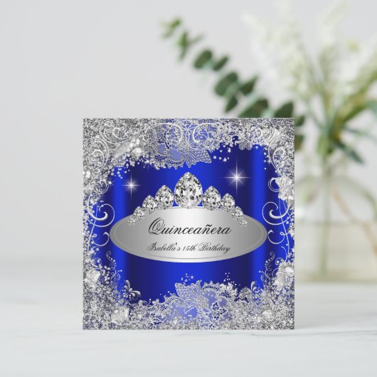 Quinceanera Party Royal Blue Silver Tiara Einladung (Stehend Vorderseite)