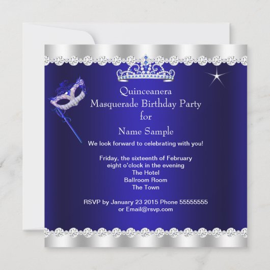 Quinceanera Party Royal Blue Tiara Masquerade Einladung (Rückseite)
