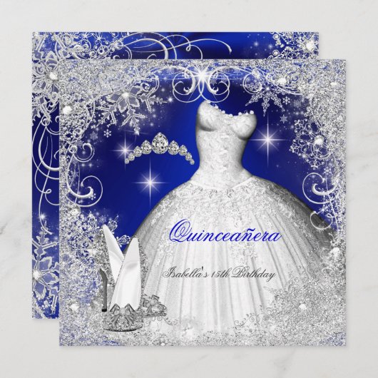 Quinceanera Party Royal Blue Winter Schneeflocken Einladung (Vorne/Hinten)