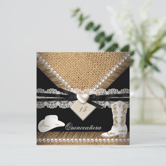 Quinceanera Party Rustic Burlap Cowgirl Hat Boots Einladung (Stehend Vorderseite)
