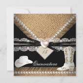 Quinceanera Party Rustic Burlap Cowgirl Hat Boots Einladung (Vorderseite)