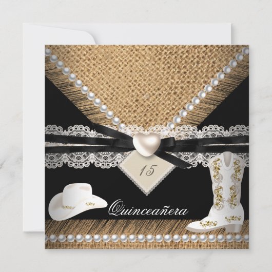 Quinceanera Party Rustic Burlap Cowgirl Hat Boots Einladung (Vorderseite)