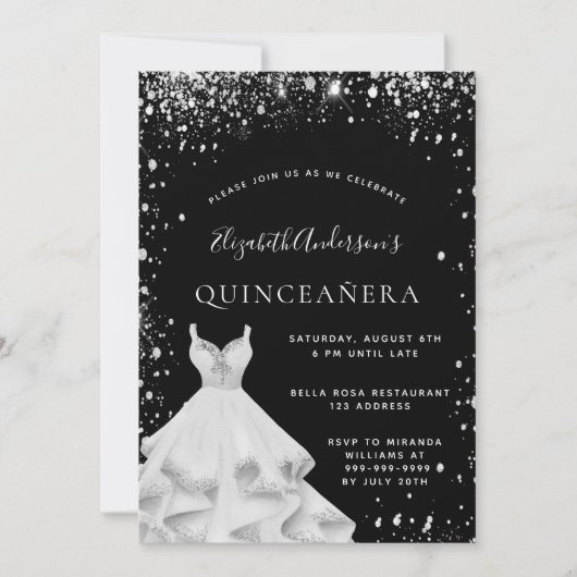 Quinceanera Party schwarz silber Glitzer Staub Kle Einladung (Vorderseite)