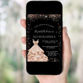 Quinceanera Party Schwarze Rose Gold Glitzer Kleid Einladung