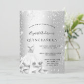 Quinceanera Party Silberkleid Glitzer Einladung (Stehend Vorderseite)