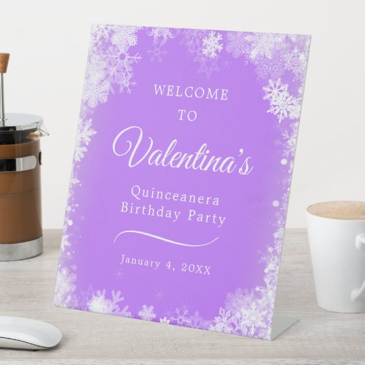 Quinceanera Party Snowflake Lila Empfang Sockelschild (In Situ)