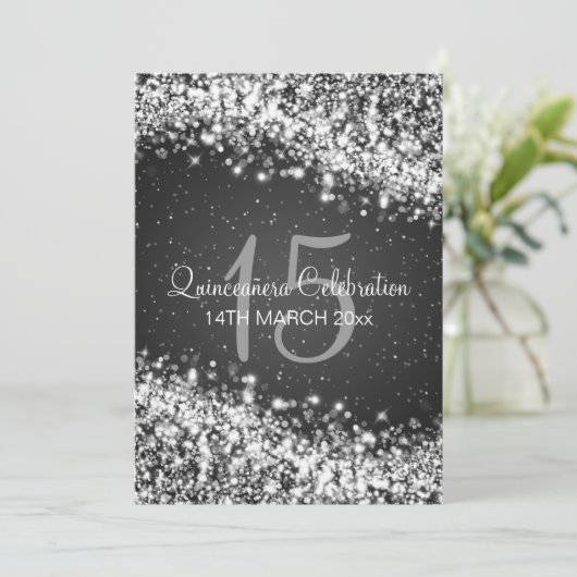 Quinceañera Party Sparkling Wave Black Einladung (Stehend Vorderseite)