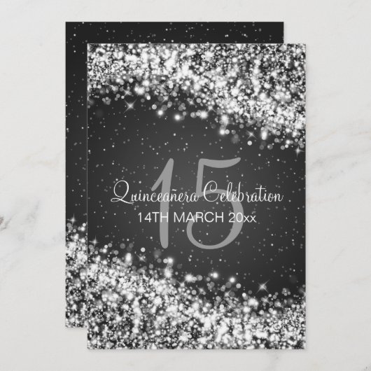 Quinceañera Party Sparkling Wave Black Einladung (Vorne/Hinten)