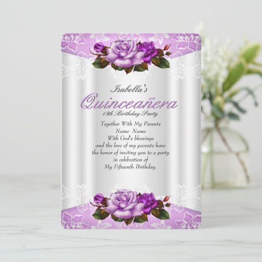 Quinceanera Party Weiß Lila Rosa Rosen Spitze Einladung (Stehend Vorderseite)