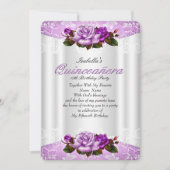Quinceanera Party Weiß Lila Rosa Rosen Spitze Einladung (Vorderseite)