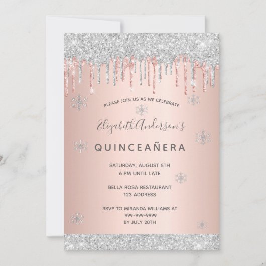 Quinceanera Party Winter Silber Glitzer Rosa Schne Einladung (Vorderseite)