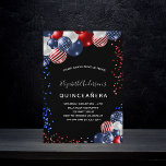Quinceanera patriotische schwarz-blaue blaue Ballo Einladungspostkarte<br><div class="desc">Ein schicker schwarzer Hintergrund. Mit patriotischen bunten Ballons in Rot-Blau und Weiß dekoriert. Personalisieren und fügen Sie einen Namen und Party-Details hinzu. Der Name wird mit einem handgeschriebenen Stilskript geschrieben.</div>