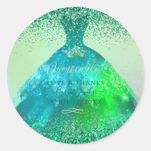 Quinceañera Peacock Sparkle Gown Runder Aufkleber (Vorderseite)