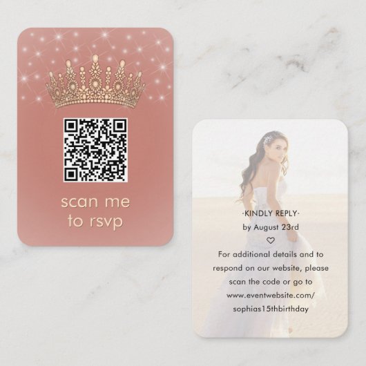 Quinceañera Photo QR RSVP Rose Gold Crown Scan Me Begleitkarte (Vorne/Hinten)