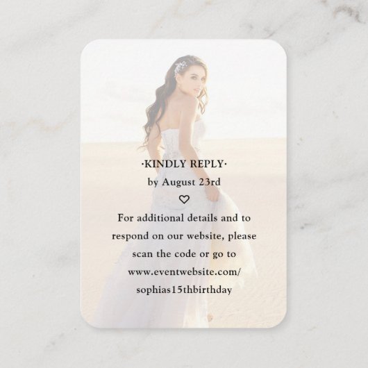 Quinceañera Photo QR RSVP Rose Gold Crown Scan Me Begleitkarte (Rückseite)