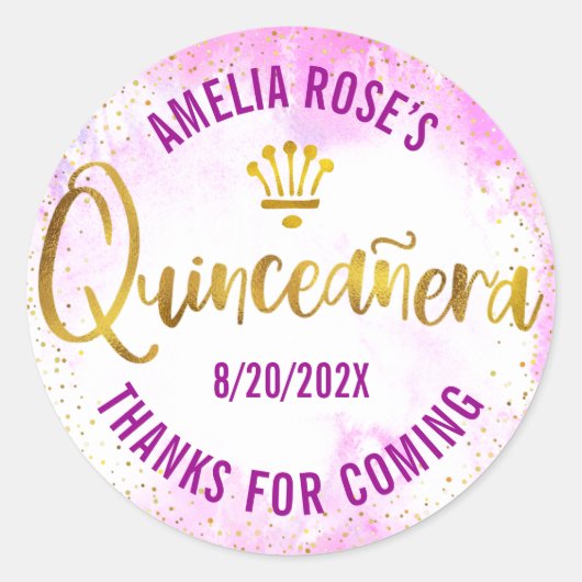 Quinceañera Pink Aquarell Golden Fossil Runder Aufkleber (Vorderseite)