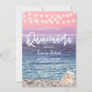 Quinceanera Pink Beach Mason Jar String Light Einladung