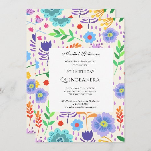 Quinceañera Pink Blue Blumen Einladung (Vorne/Hinten)