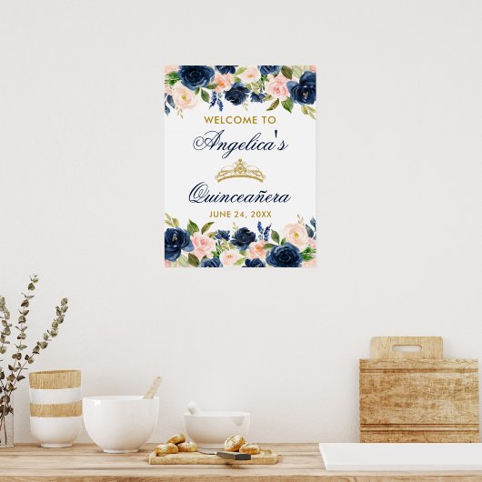 Quinceanera Pink Blue Floral Crown Gold Poster (Küche)