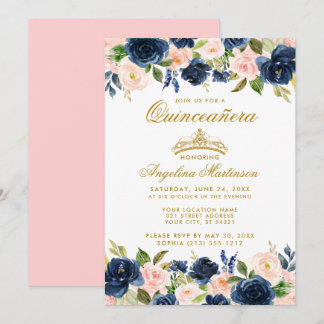 Quinceanera Pink Blue Floral Gold Crown Einladung