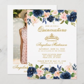 Quinceanera Pink Blue Floral Gold Crown Foto Einladung
