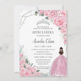 Quinceañera Pink BlumenPrinzessin Silver Birthday Einladung