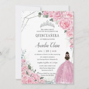 Quinceañera Pink BlumenPrinzessin Silver Birthday Einladung