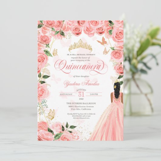 Quinceanera Pink Blush Rose Elegante Butterfly Inv Einladung (Stehend Vorderseite)